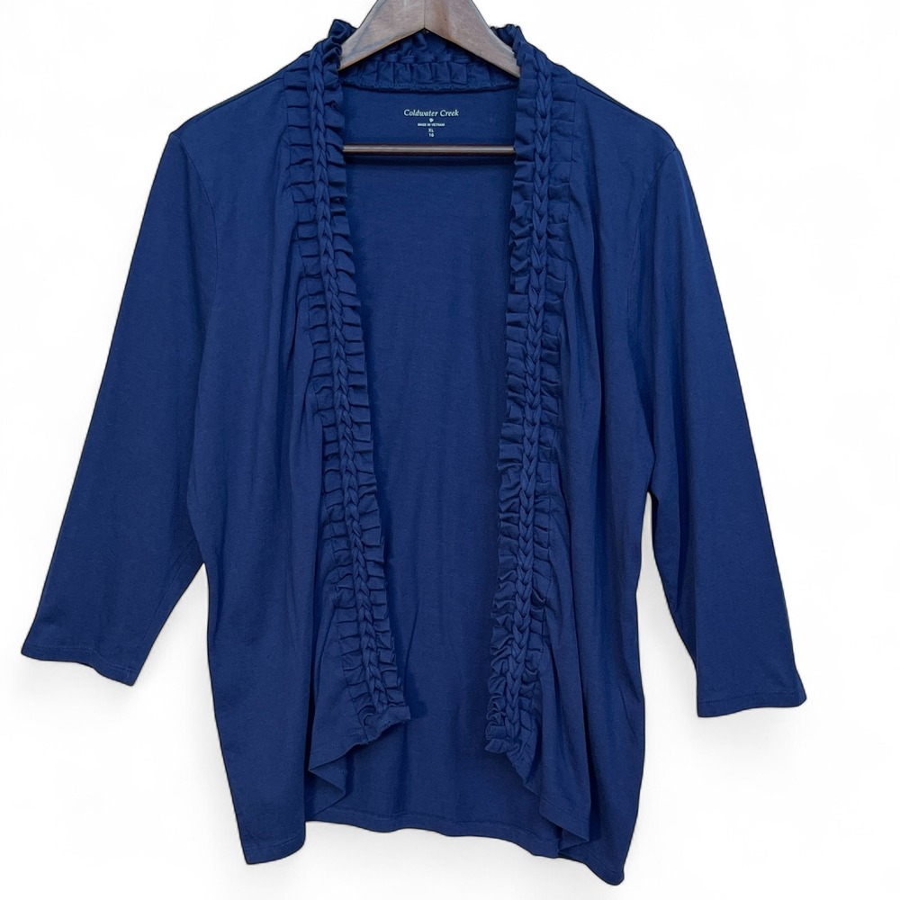 Coldwater Creek Women Blue Ruffle Braided Trim Open Front Cardigan XL 16 4016915